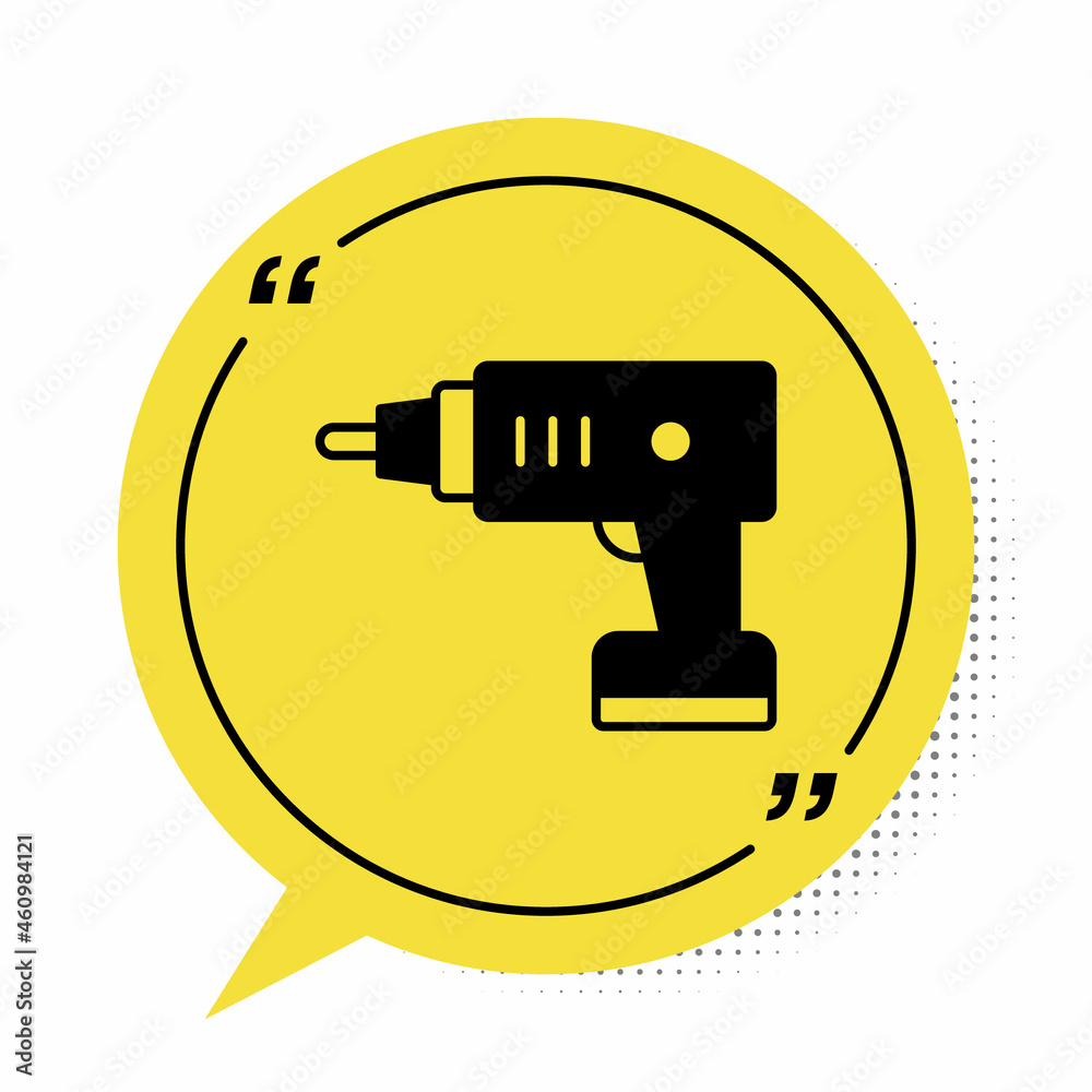 Black Electric cordless screwdriver icon isolated on white background. Electric drill machine. Repair tool. Yellow speech bubble symbol. Vector
