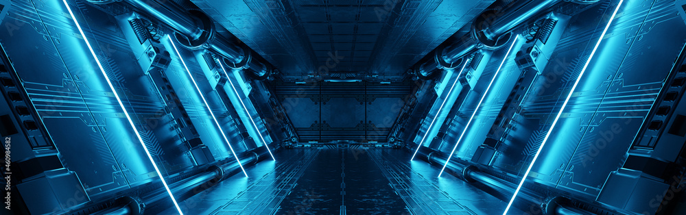 Blue spaceship interior with neon lights on panel walls. Futuristic corridor in space station background. 3d rendering - obrazy, fototapety, plakaty 