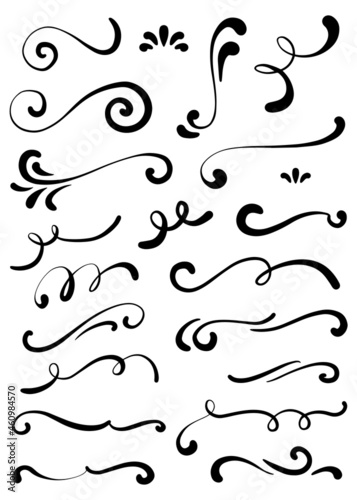 Hand drawn curly ornamental elements. Calligraphy card poster wedding engagement menu header divider decorative ornaments. Isolated graphic vector object set.