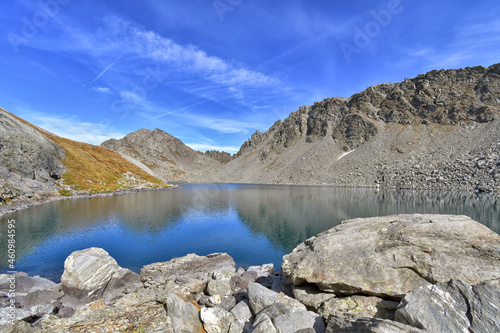 In Valle d'Aosta, the small lake of Pietra Rossa, a wonderful jewel in which Mont Blanc and other mountains in the valley are reflected.