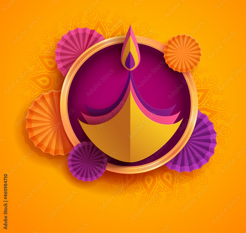 Fototapeta premium Paper graphic of Indian Diya oil lamp design with round border frame. The Festival of Lights.