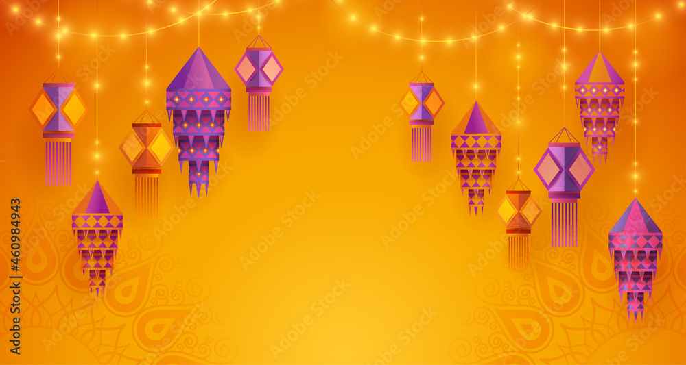 Group of paper graphic Indian lantern on Indian festive theme big banner  background. The Festival of Lights. Stock Illustration | Adobe Stock