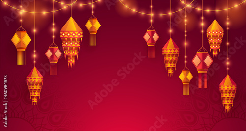 Group of paper graphic Indian lantern on Indian festive theme big banner background. The Festival of Lights.