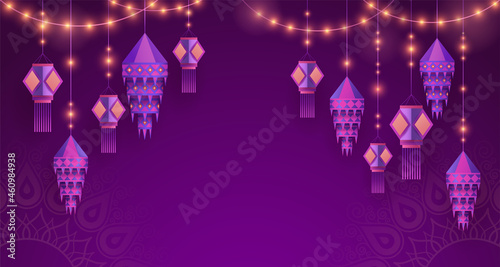 Group of paper graphic Indian lantern on Indian festive theme big banner background. The Festival of Lights. © ori-artiste