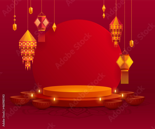 3D illustration of podium stage scene with Indian Diwali Diya oil lamp and paper graphic Indian lantern on round blank card. The Festival of Lights.