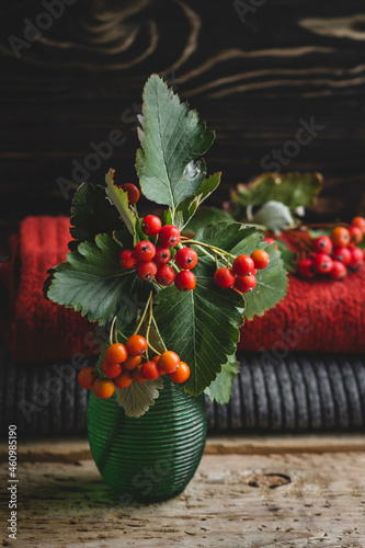 a bouquet of red berries in a glass vase, warm knitted things are lying on a wooden table on a dark background