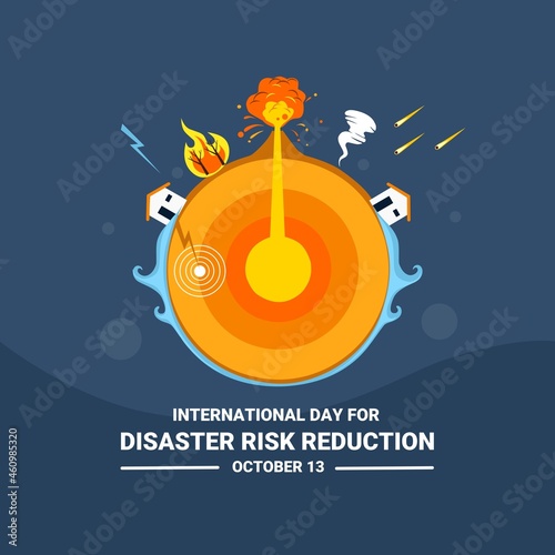 Vector illustration of disasters, Tsunamis, forest fires, volcanic eruptions, meteor showers, tornadoes and earthquakes, as banners or posters, International Day for
Disaster Risk Reduction.