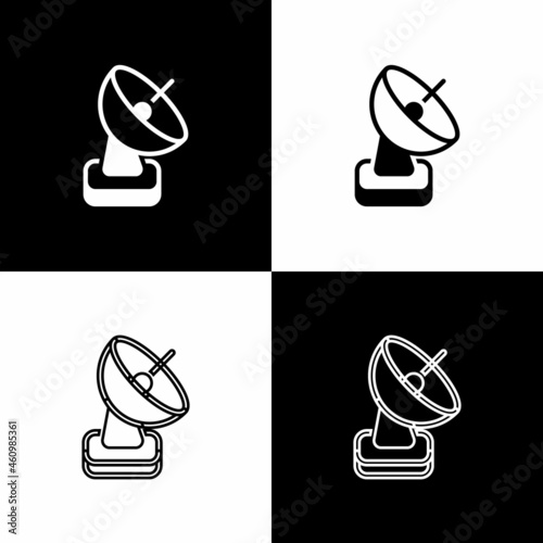 Set Radar icon isolated on black and white background. Search system. Satellite sign. Vector
