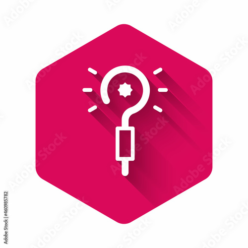 White Magic wand icon isolated with long shadow background. Star shape magic accessory. Magical power. Pink hexagon button. Vector