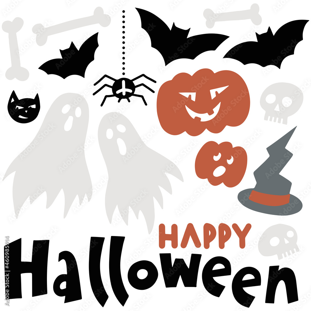 seasonal colorful Halloween elements set with scary skulls bones bats pumpkins spider webs and Happy Halloween wishes isolated on white background