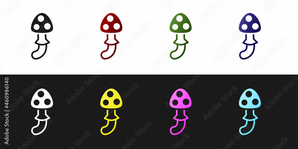 Set Psilocybin mushroom icon isolated on black and white background. Psychedelic hallucination. Vector Set Psilocybin mushroom icon isolated on black and white background. Psychedelic hallucination. Vector