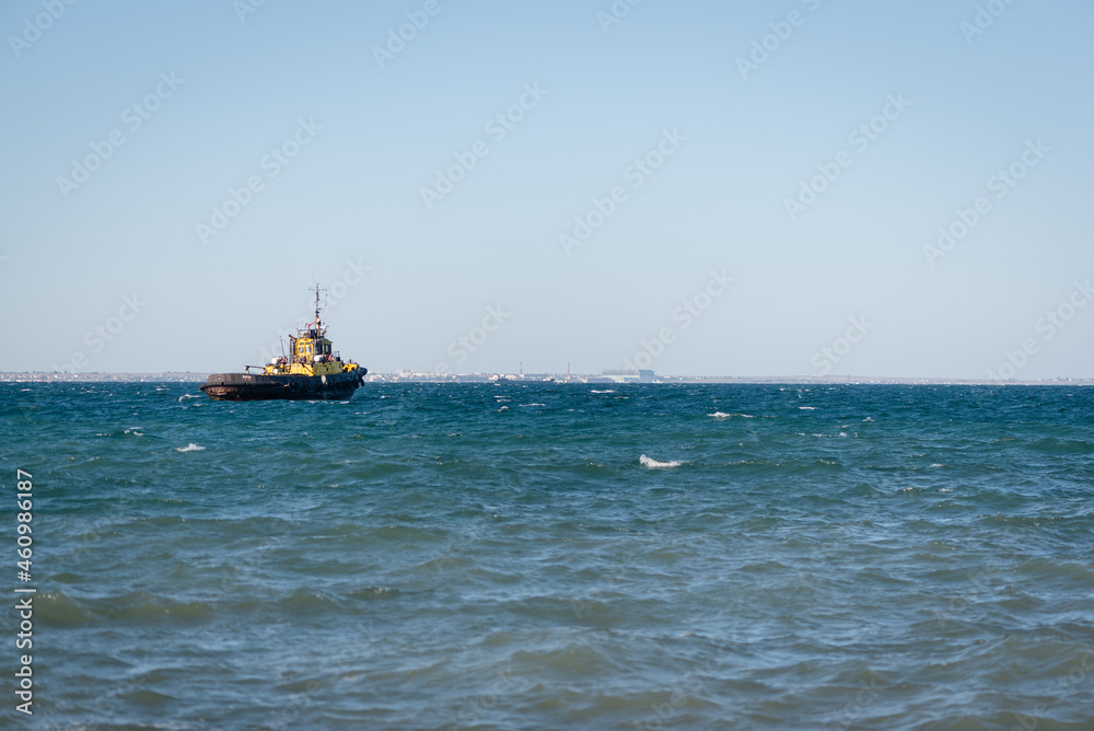 Ship in the sea water background.