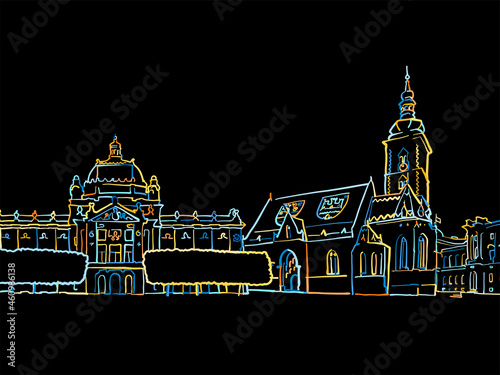 Colorful Zagreb Croatia Panorama Drawing on black