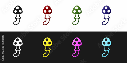 Set Psilocybin mushroom icon isolated on black and white background. Psychedelic hallucination. Vector