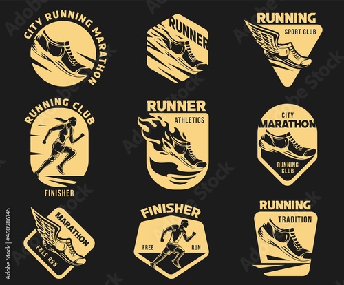 Set logo, label, emblem or badges for sport running isolated on black background. Collection golden design elements of club, marathon event, t-shirt branding. Vector illustration.