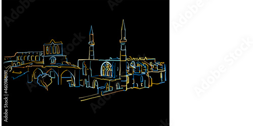 Cuadro en lienzo Colorful Nicosia Cyprus Panorama Drawing on black