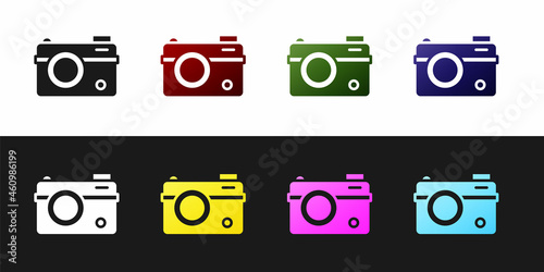 Set Photo camera icon isolated on black and white background. Foto camera. Digital photography. Vector