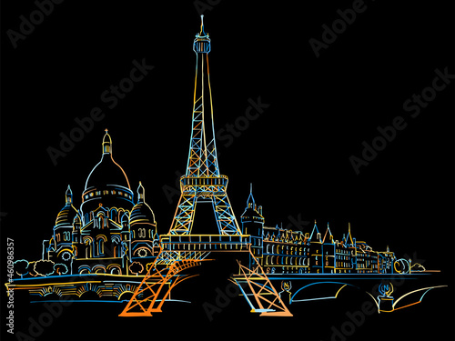 Colorful Paris France Panorama Drawing on black