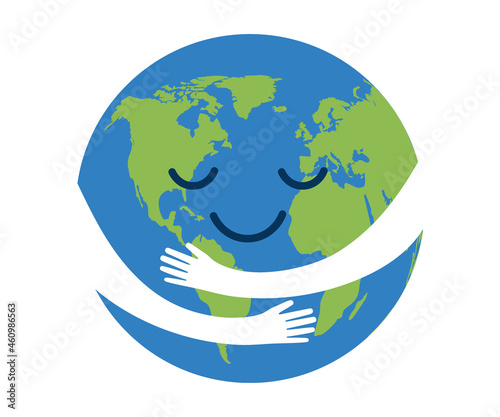 Planet earth in hand protection, care in hug. Save ecological environment. Nature conservation care with protection or preservation. Safety globe, world. Vector illustration
