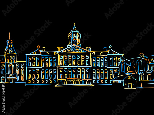 Colorful Amsterdam Panorama Drawing on black