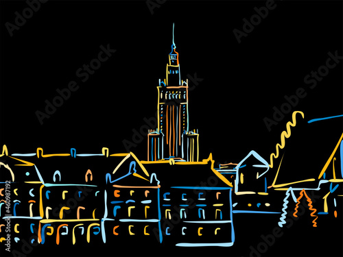 Colorful Warsaw Panorama Drawing on black