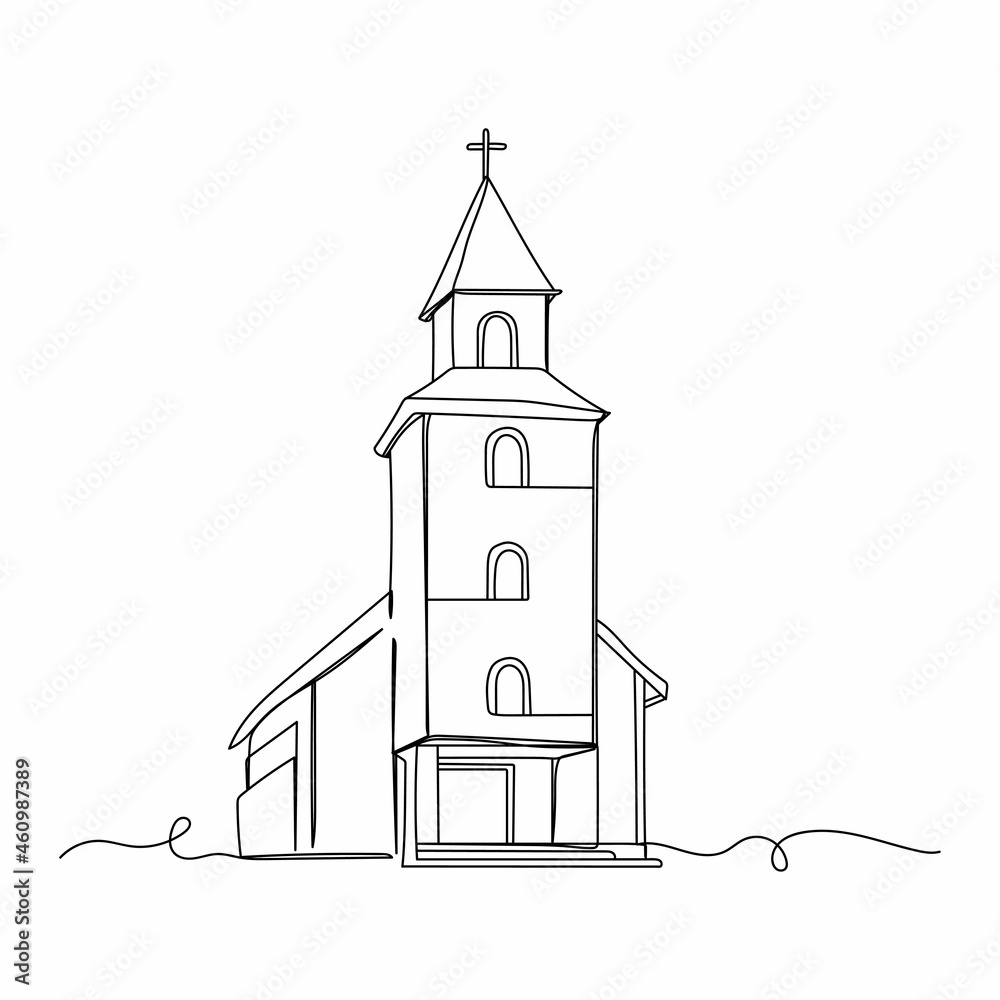 Continuous one line drawing of architecture church religion concept icon in silhouette on a white background. Linear stylized. - obrazy, fototapety, plakaty 