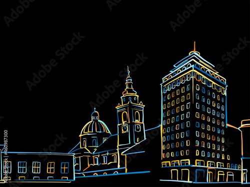 Colorful Ljubljana Panorama Drawing on black