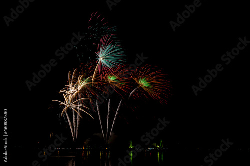 Fireworks with beautiful colorful flowers on a dark sky background.