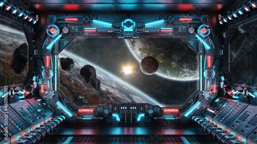 Fototapeta Naklejka Na Ścianę i Meble -  Dark spaceship interior with glowing blue and red lights. Futuristic spacecraft with large window view on planets in space. 3D rendering