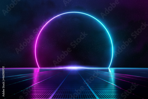 Abstract background pathway leading to blue and pink neon light circle reflecting on the floor 3D rendering