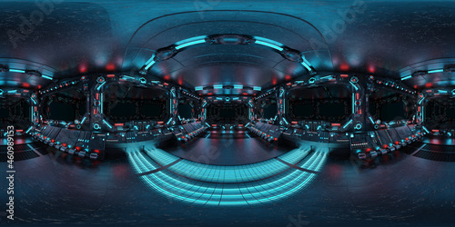 Fototapeta Naklejka Na Ścianę i Meble -  HDRI panoramic view of dark blue spaceship interior with windows. High resolution 360 degrees panorama reflection mapping of a futuristic spacecraft 3D rendering
