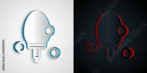 Paper cut Racket for playing table tennis icon isolated on grey and black background. Paper art style. Vector
