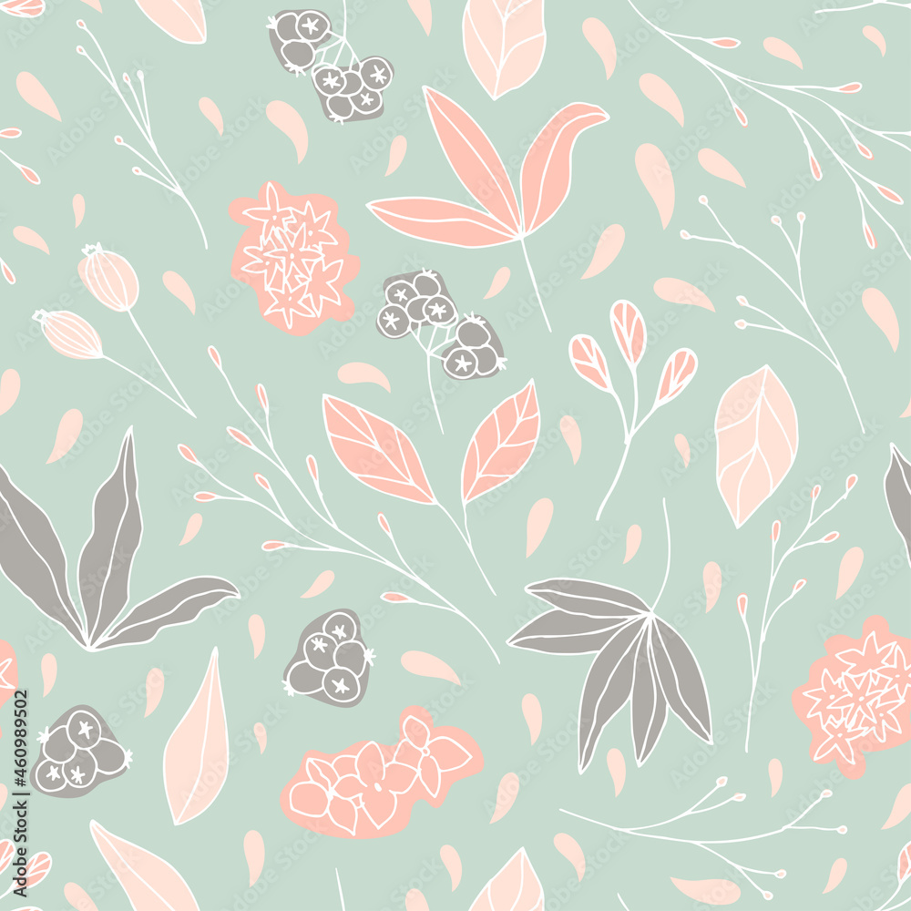 Floral vector seamless pattern with flowers, leaves and berries. Beautiful hand drawn flowers in light pastel colors in vintage style. Floral vector seamless pattern with flowers, leaves and berries. Beautiful hand drawn flowers in light pastel colors in vintage style.