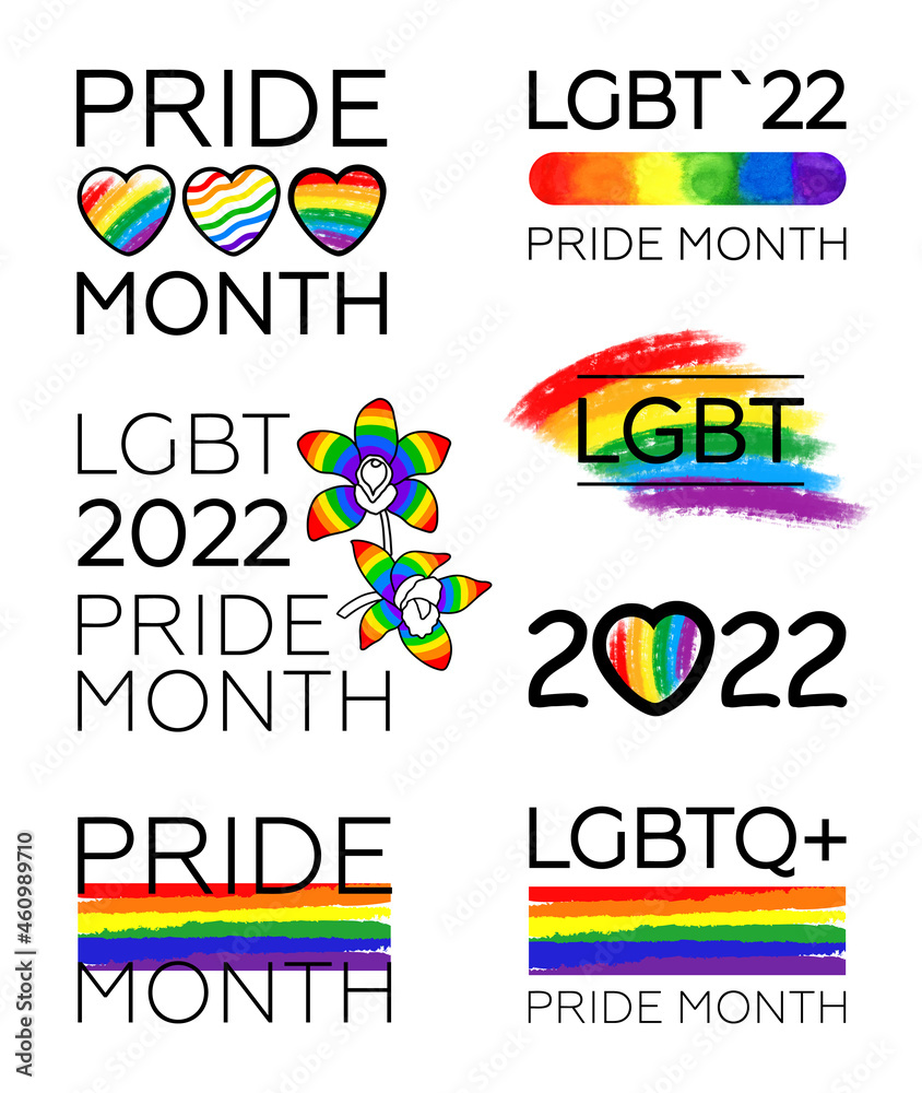 big Set of LGBT Pride Month 2022. LGBT flag brush stroke, logos, symbols and stickers. Human rights and tolerance. support for sex minorities. Vector illustration isolated on white background.