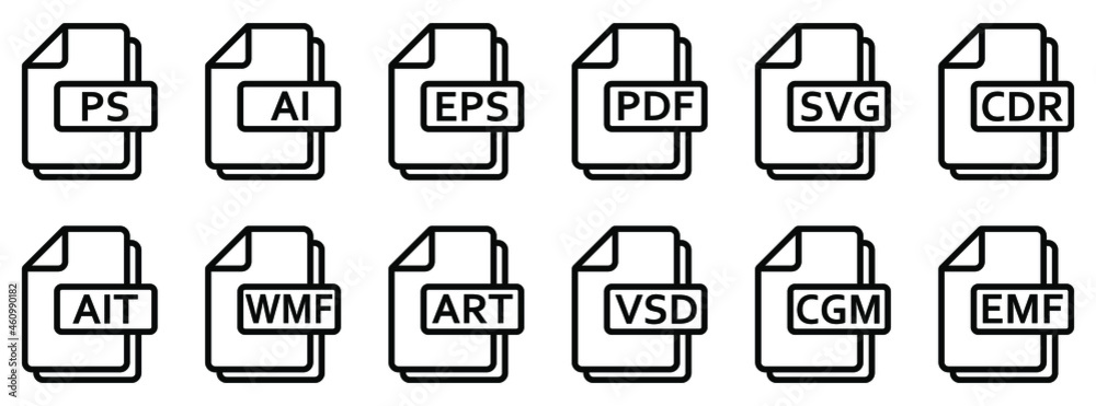 Vector file formats. Various vector formats files. Set of linear icons. Vector illustration. Vector file formats. Various vector formats files. Set of linear icons. Vector illustration.