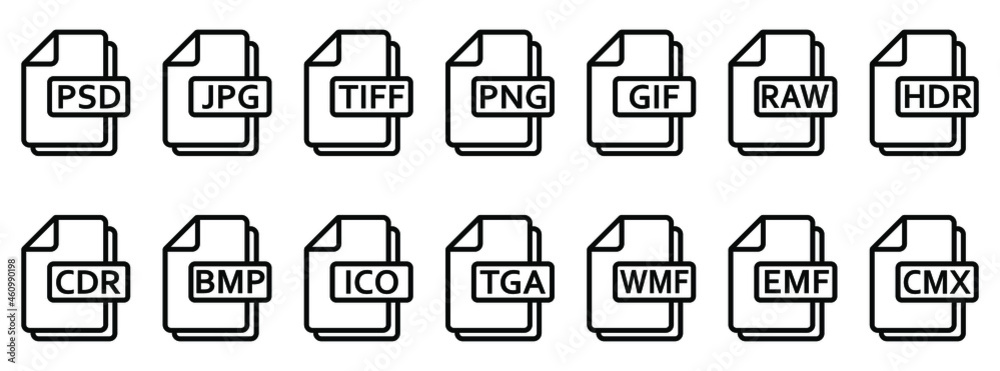 Image file formats icon. Set of line icons of different image formats. Image file icons. Vector illustration. Image file formats icon. Set of line icons of different image formats. Image file icons. Vector illustration.