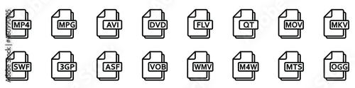 Video file formats. Set of linear icons of different video formats. Video file icons. Vector illustration.