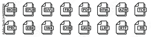 Ebook file format icons. Various ebook formats files. Set of linear icons. Vector illustration.