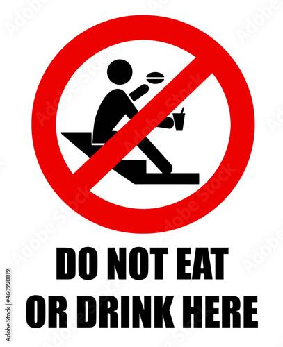 Do not eat or drink here, prohibition sign with a person sitting on steps.