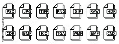 Image file formats icon. Set of line icons of different image formats. Image file icons. Vector illustration.