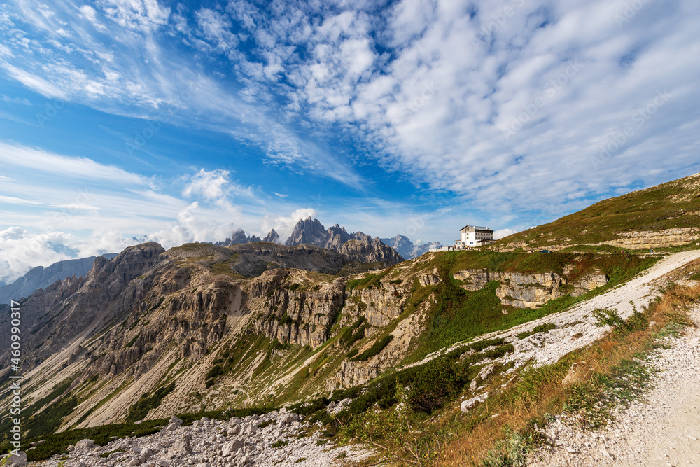 Mountain range of Cadini di Misurina and Sorapiss. Panorama from Tre Cime di Lavaredo or Drei Zinnen, Sesto, Braies and Ampezzo Dolomites. Auronzo di Cadore, Belluno province, Veneto, Italy, Europe. Mountain range of Cadini di Misurina and Sorapiss. Panorama from Tre Cime di Lavaredo or Drei Zinnen, Sesto, Braies and Ampezzo Dolomites. Auronzo di Cadore, Belluno province, Veneto, Italy, Europe.