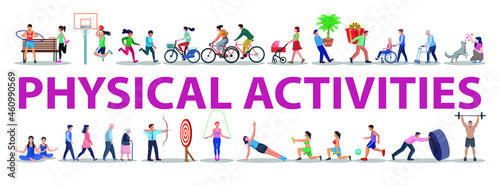 Physical activities exercise indoor and outdoor set vector infographic.