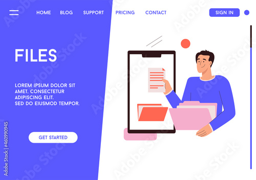 Vector landing page of Files concept. Man holding document