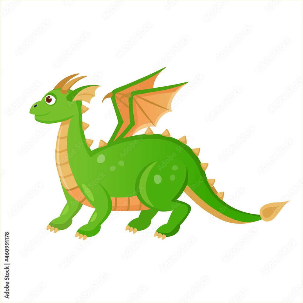 The green dragon with wings. Vector illustration in cartoon style.