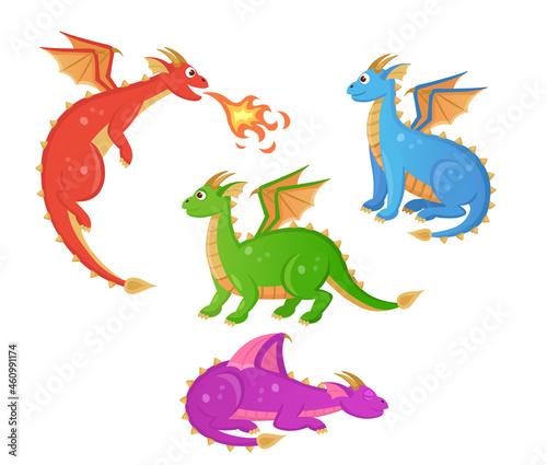 Set of cartoon colorful dragons. Fairytale reptiles with wings. Illustration of fantasy animal character. © NADEZHDA