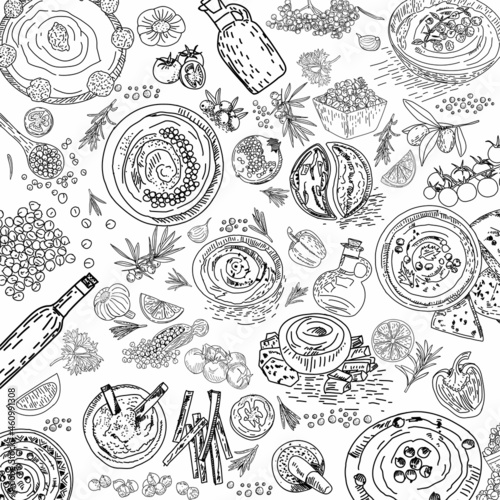 Hummus flyer template illustration. Hand drawn illustration. Pieces of hummus design template. Design element for poster, menu, flyer, banner, menu, package.