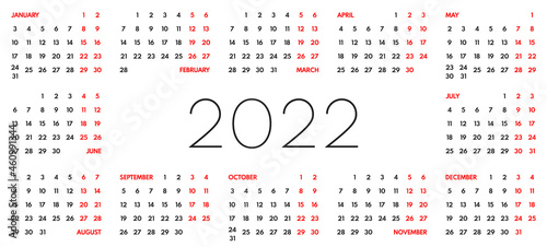 2022 one page wall or office calendar, landscape panoramic layout