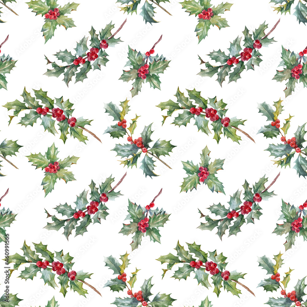 Fototapeta premium Beautiful floral christmas seamless pattern with hand drawn watercolor holly branches. Stock 2022 winter illustration.