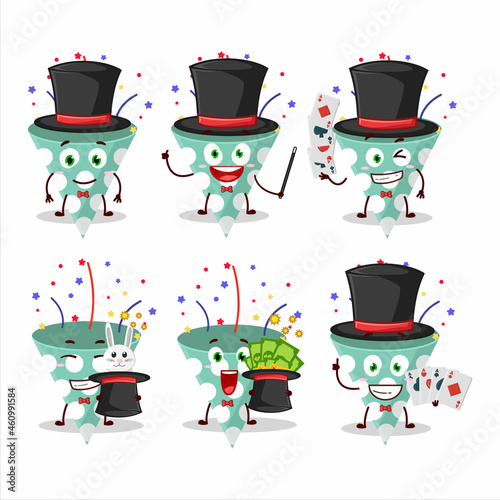 A green party popper with confetti Magician cartoon character perform on a stage