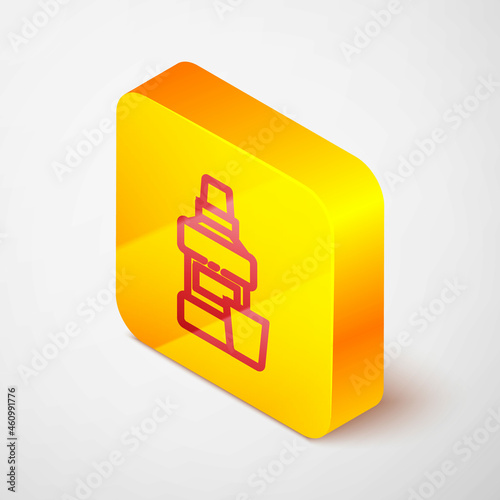 Isometric line Mouthwash plastic bottle and glass icon isolated on grey background. Liquid for rinsing mouth. Oralcare equipment. Yellow square button. Vector